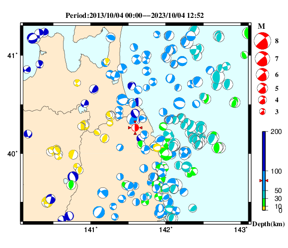 過去に起きた地震の初動発震機構解