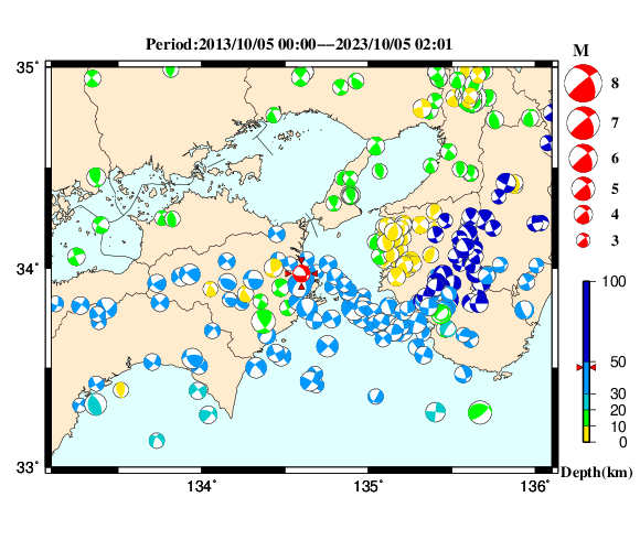 過去に起きた地震の初動発震機構解