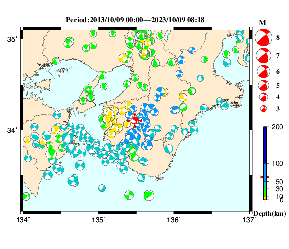 過去に起きた地震の初動発震機構解