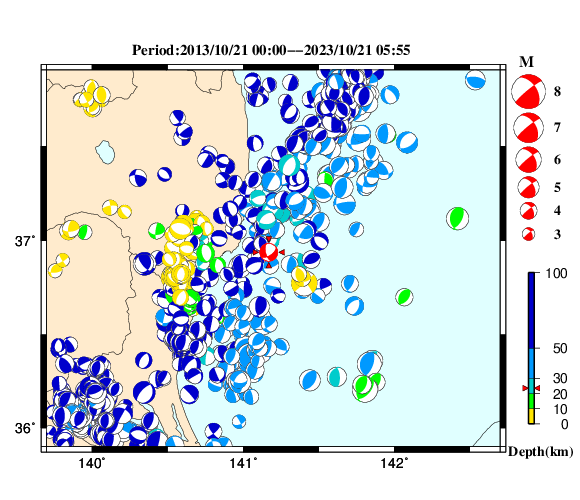 過去に起きた地震の初動発震機構解
