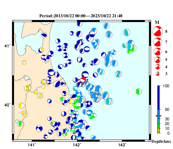過去に起きた地震の初動発震機構解