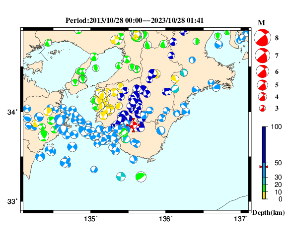 過去に起きた地震の初動発震機構解