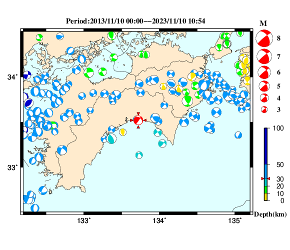 過去に起きた地震の初動発震機構解