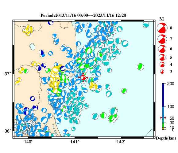 過去に起きた地震の初動発震機構解
