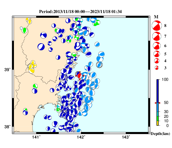 過去に起きた地震の初動発震機構解