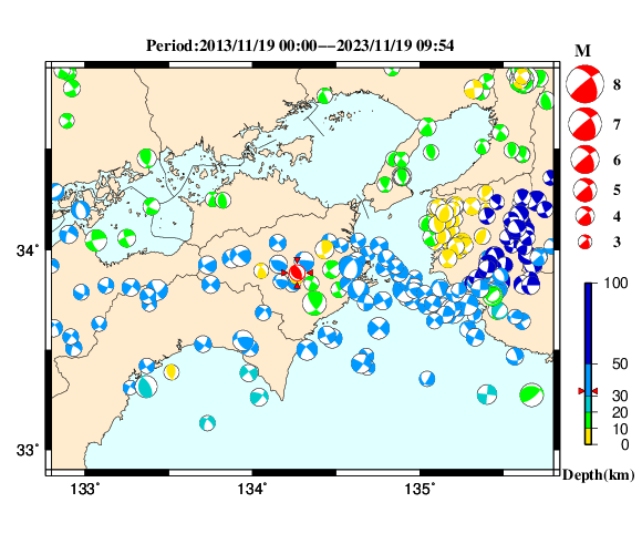 過去に起きた地震の初動発震機構解