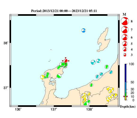 過去に起きた地震の初動発震機構解