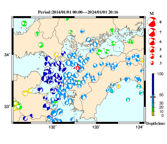 過去に起きた地震の初動発震機構解