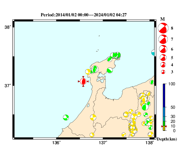 過去に起きた地震の初動発震機構解