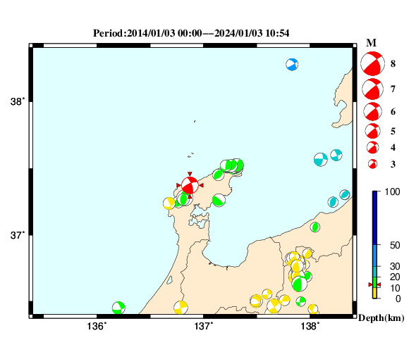 過去に起きた地震の初動発震機構解