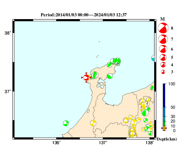 過去に起きた地震の初動発震機構解