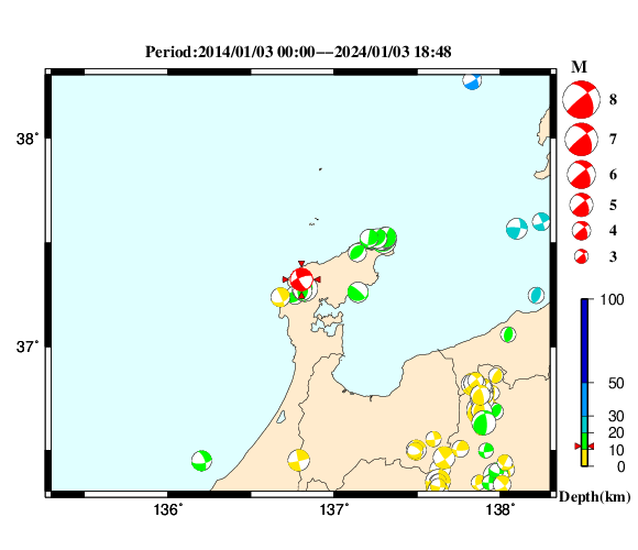 過去に起きた地震の初動発震機構解