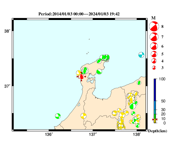 過去に起きた地震の初動発震機構解