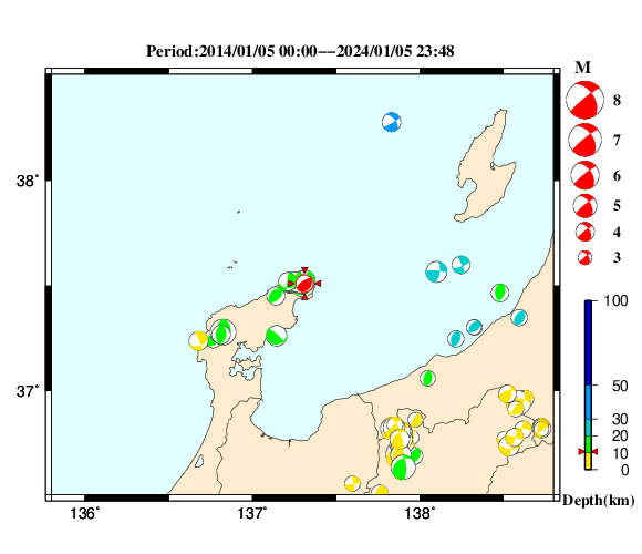 過去に起きた地震の初動発震機構解