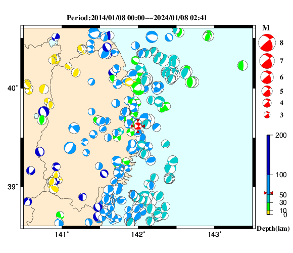 過去に起きた地震の初動発震機構解