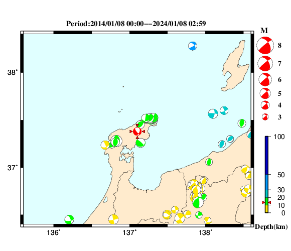 過去に起きた地震の初動発震機構解