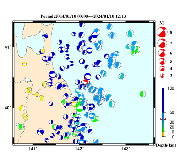 過去に起きた地震の初動発震機構解