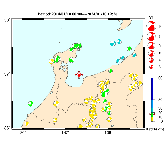 過去に起きた地震の初動発震機構解