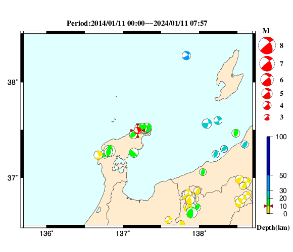 過去に起きた地震の初動発震機構解