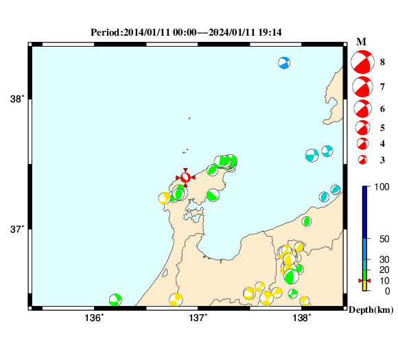 過去に起きた地震の初動発震機構解