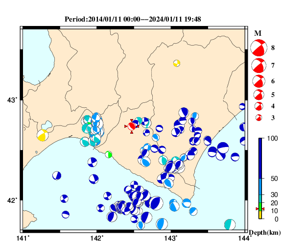 過去に起きた地震の初動発震機構解