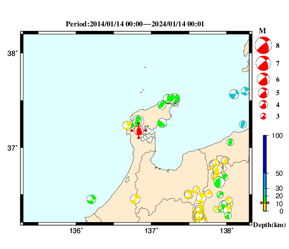 過去に起きた地震の初動発震機構解