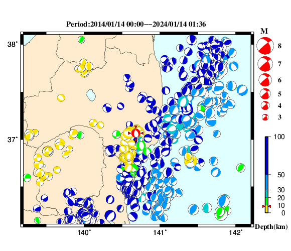 過去に起きた地震の初動発震機構解
