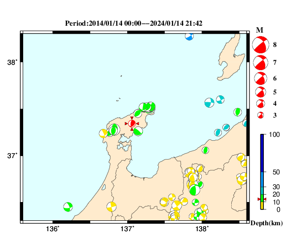 過去に起きた地震の初動発震機構解