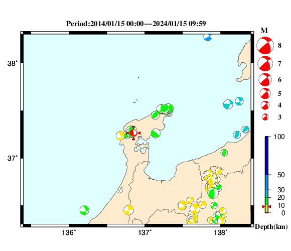 過去に起きた地震の初動発震機構解