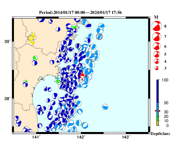 過去に起きた地震の初動発震機構解