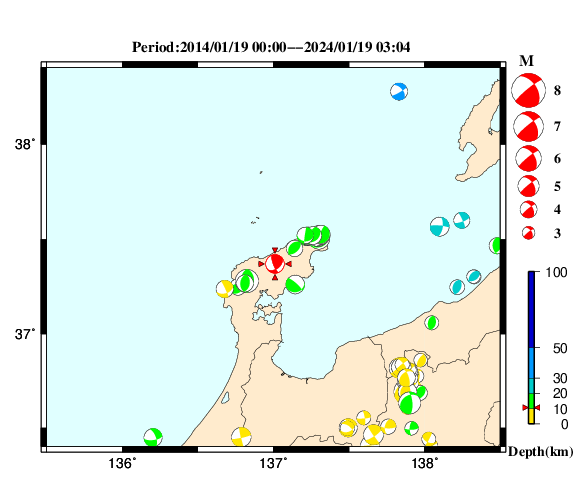 過去に起きた地震の初動発震機構解