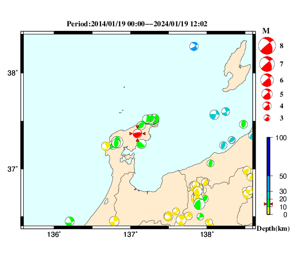 過去に起きた地震の初動発震機構解