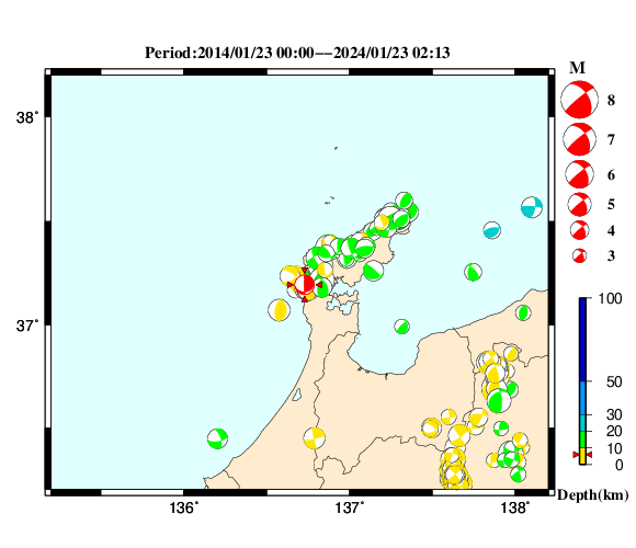 過去に起きた地震の初動発震機構解