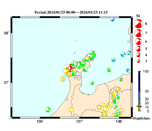 過去に起きた地震の初動発震機構解