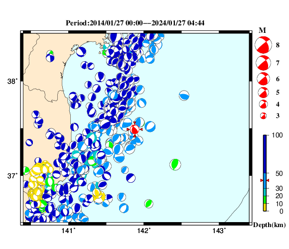 過去に起きた地震の初動発震機構解