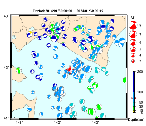 過去に起きた地震の初動発震機構解