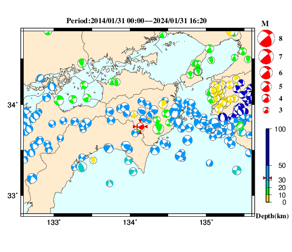 過去に起きた地震の初動発震機構解