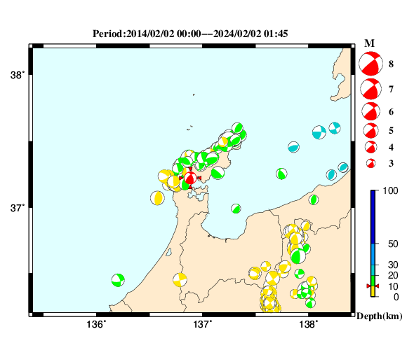 過去に起きた地震の初動発震機構解