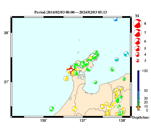 過去に起きた地震の初動発震機構解