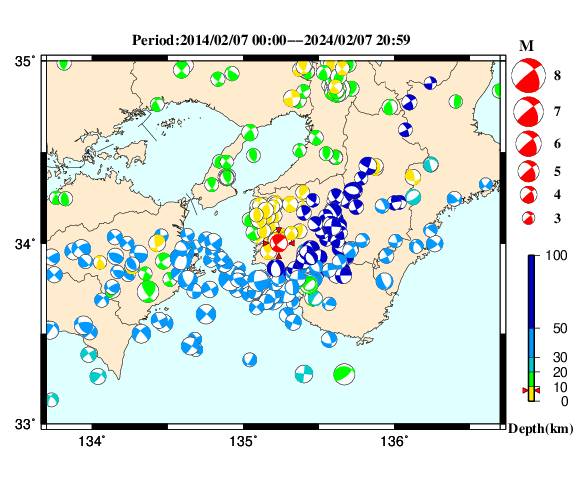 過去に起きた地震の初動発震機構解