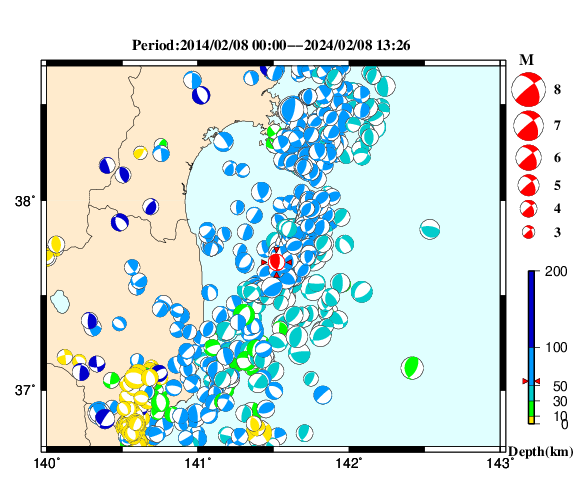 過去に起きた地震の初動発震機構解