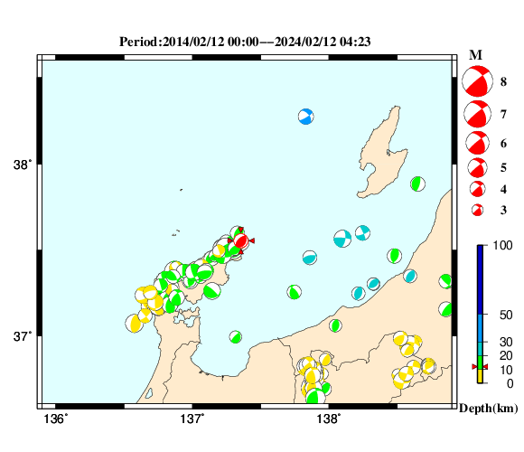 過去に起きた地震の初動発震機構解