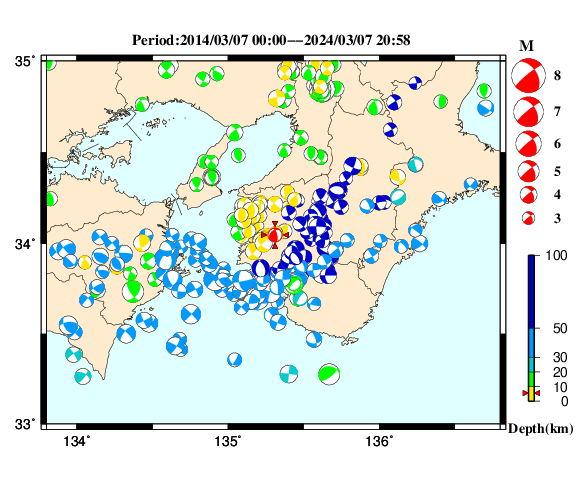 過去に起きた地震の初動発震機構解