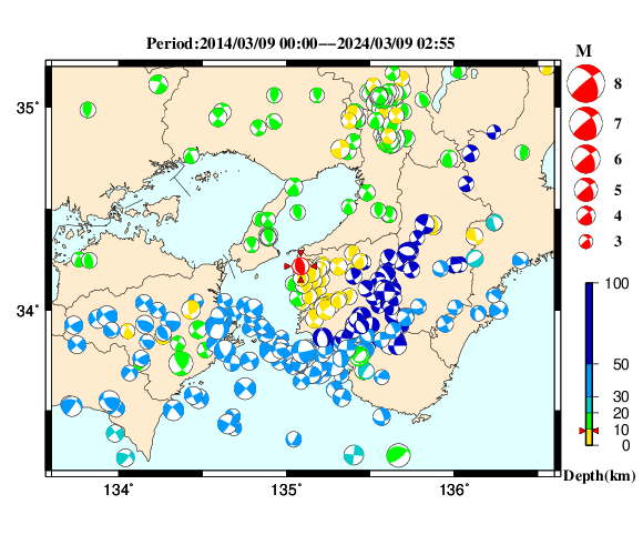 過去に起きた地震の初動発震機構解