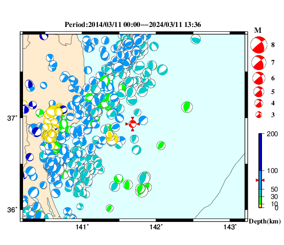 過去に起きた地震の初動発震機構解