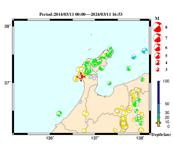 過去に起きた地震の初動発震機構解