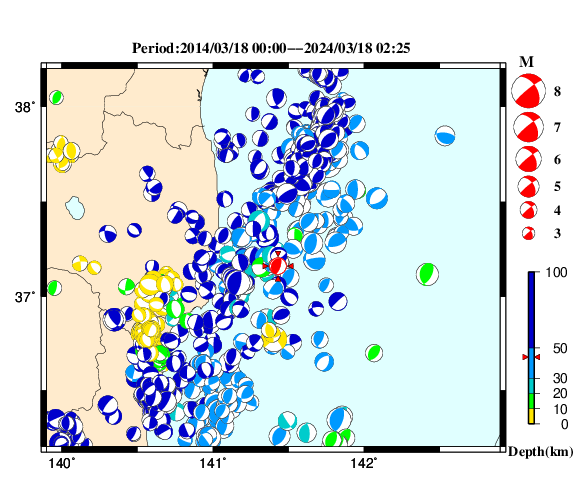過去に起きた地震の初動発震機構解