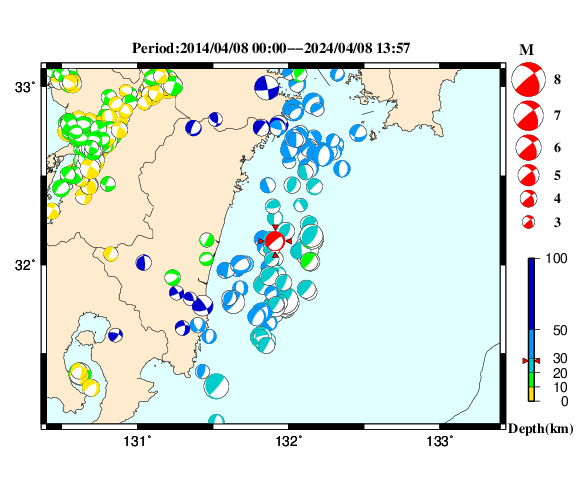 過去に起きた地震の初動発震機構解