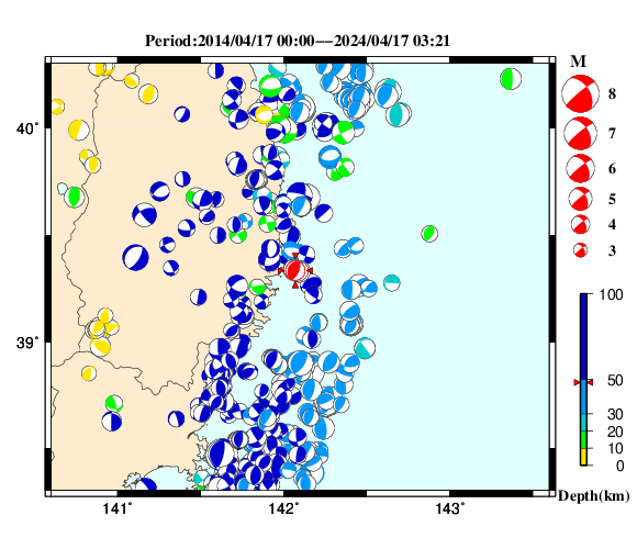 過去に起きた地震の初動発震機構解