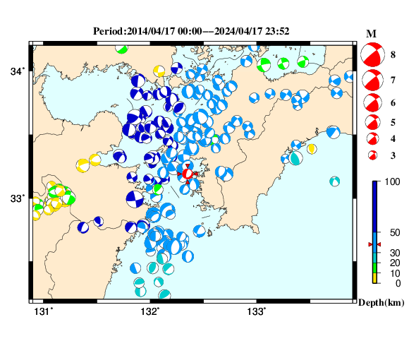 過去に起きた地震の初動発震機構解